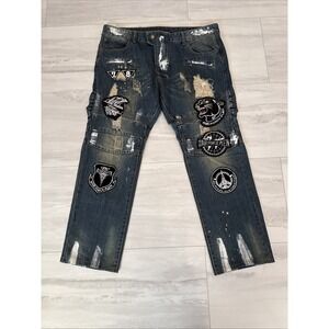 Sosoo Jeans Mens 38x30 Blue Denim Stretch Embroidered Logo Straight Streetwear